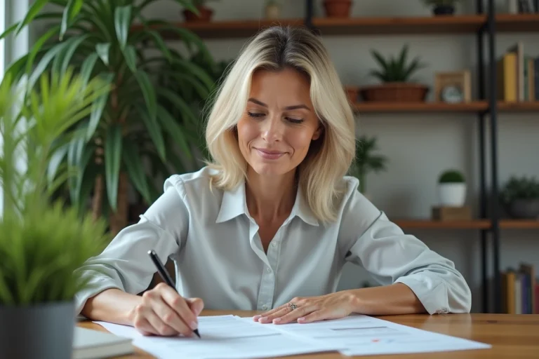Femme d'affaires examine des documents d'investissement durable dans un bureau lumineux