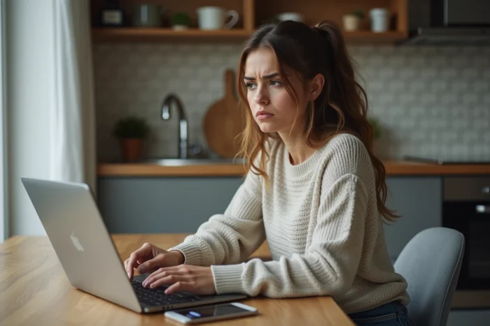 Jeune femme regardant son ordinateur portable à la maison