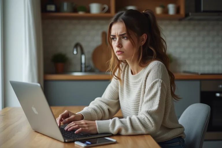 Jeune femme regardant son ordinateur portable à la maison