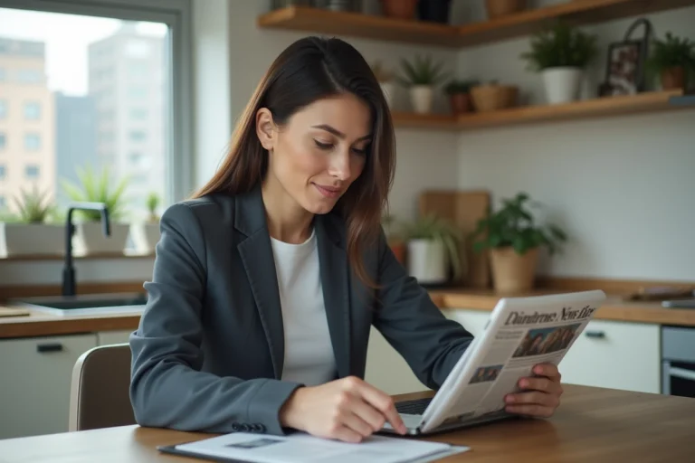 Femme lisant des actualites sur une tablette dans une cuisine lumineuse