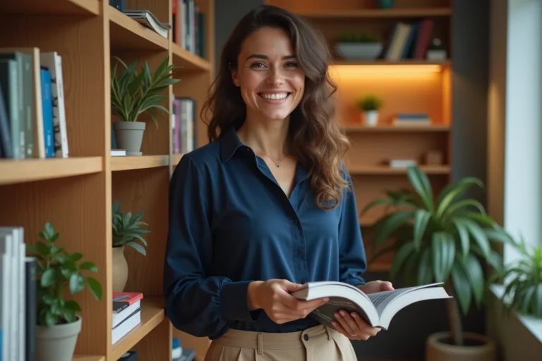 Femme souriante dans une bibliothèque chaleureuse