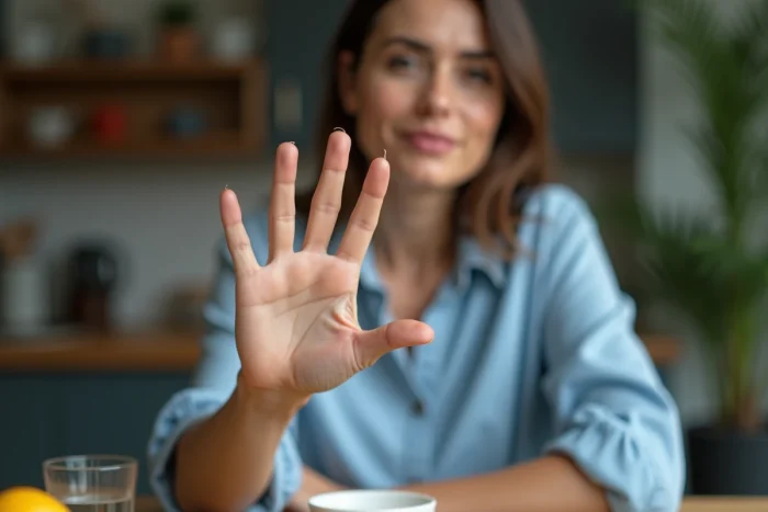Femme assise montrant sa main avec un grain de beauté