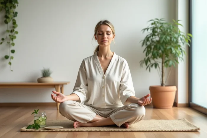 Femme pratiquant la méditation à domicile avec une boisson détox dans le cadre d'un mode de vie minceur sain