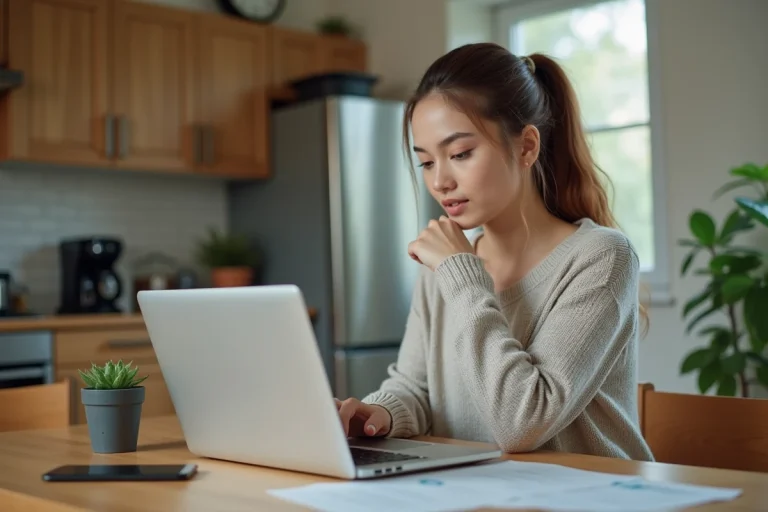 Femme assise à la maison regardant une annonce de voiture d'occasion