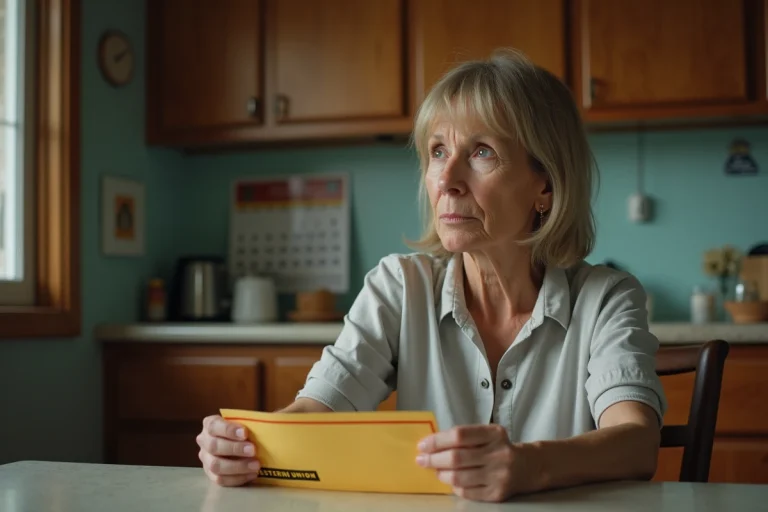 Femme méditant avec une enveloppe Western Union dans la cuisine