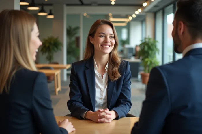 Femme en blazer navy lors d'un réseautage professionnel