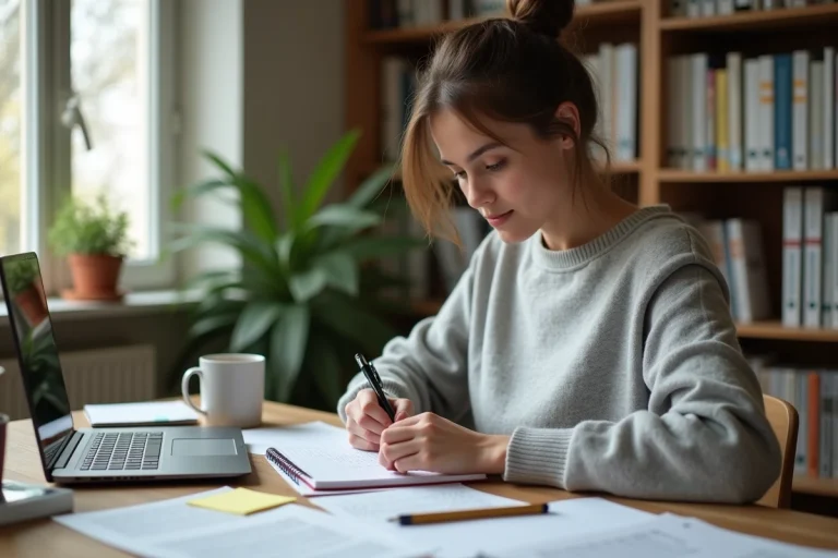 Jeune femme consultant des ressources de formation sur un bureau en bois avec ordinateur portable et cahier de notes