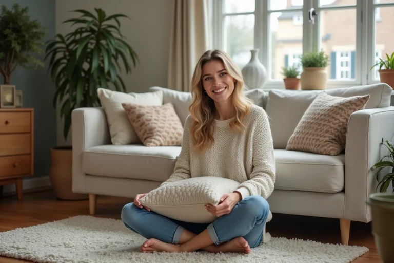 Femme assise sur un tapis en laine décorant des coussins dans un salon chaleureux