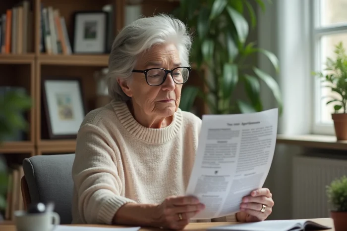 Femme senior lisant une annonce d'appartement à la maison