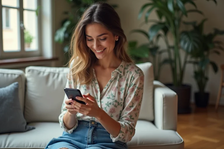 Femme souriante utilisant Vinted dans un appartement parisien