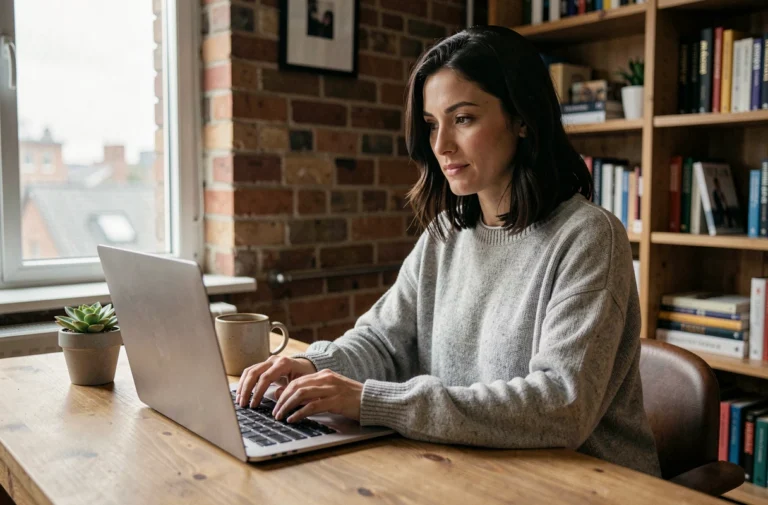 Femme en télétravail concentrée devant son ordinateur portable dans un bureau à domicile cosy avec une tasse de café et des plantes