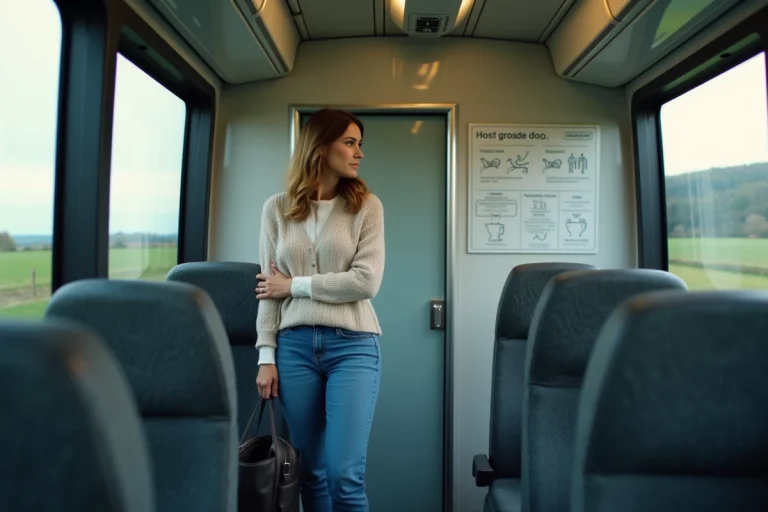 Femme regardant panneau toilettes dans bus moderne