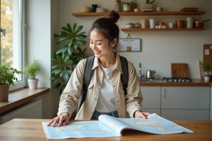 Jeune femme organisant ses documents de voyage à la maison