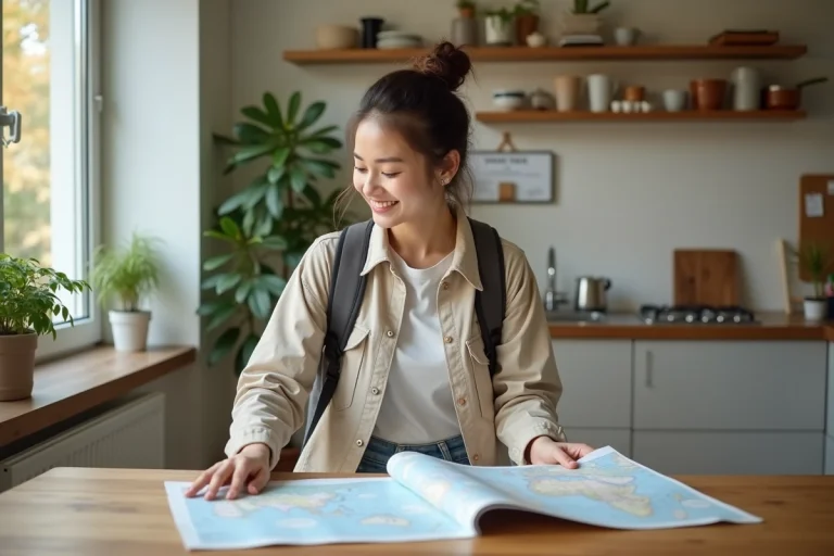 Jeune femme organisant ses documents de voyage à la maison