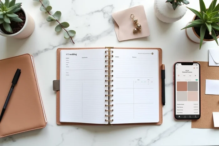 Flat-lay d'outils d'organisation de mariage sur marbre blanc avec carnet de planification et invitations