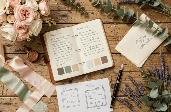 Vue aérienne d'un tableau de planification de mariage avec journal en cuir, invitations calligraphiées et échantillons floraux sur une table en bois brut