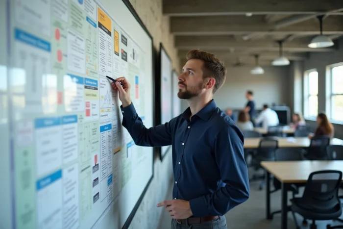 Formateur masculin présentant un tableau blanc avec des ressources pédagogiques dans un espace de co-working moderne
