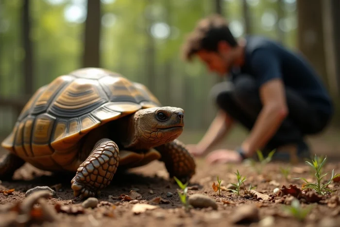 Gros plan du visage expressif d'une tortue d'Hermann dont les yeux reflètent la silhouette de son propriétaire, évoquant la capacité des tortues à reconnaître les humains familiers