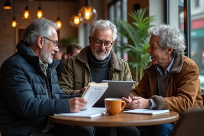 Groupe d'adultes discutant de sujets variés autour d'un café avec livres et tablette numérique