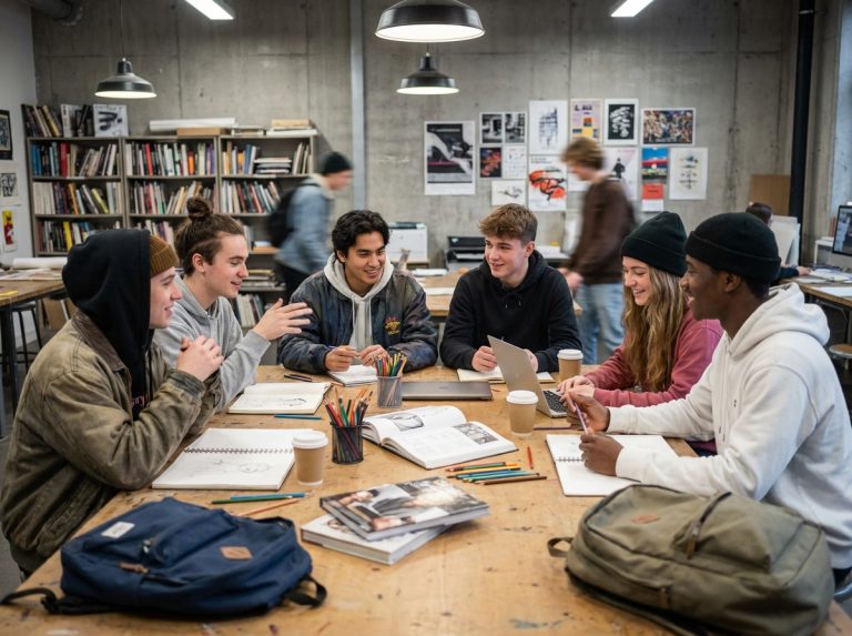 Groupe d'étudiants en design autour d'une table