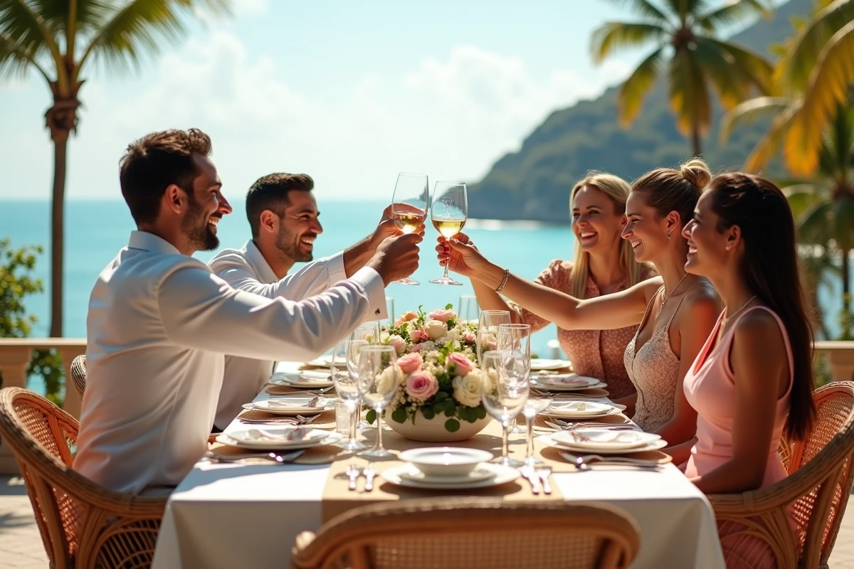 Invites de mariage levant leur verre sur une terrasse face à la mer