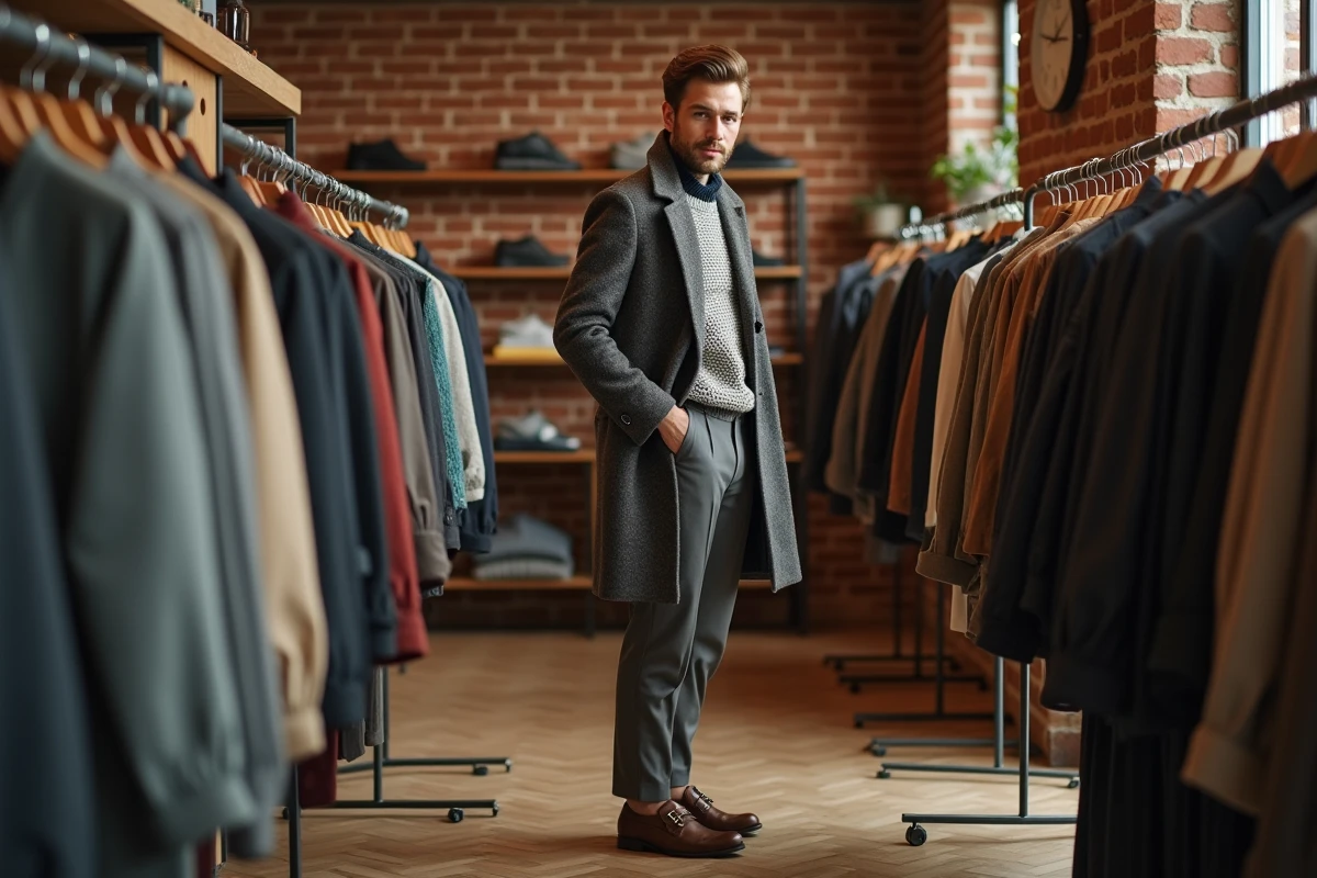 Homme en pull et manteau dans une boutique tendance