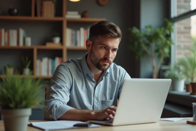 Homme assis à un bureau moderne en home office
