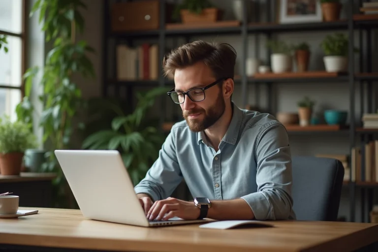 Homme concentré travaillant sur son ordinateur dans un bureau cosy