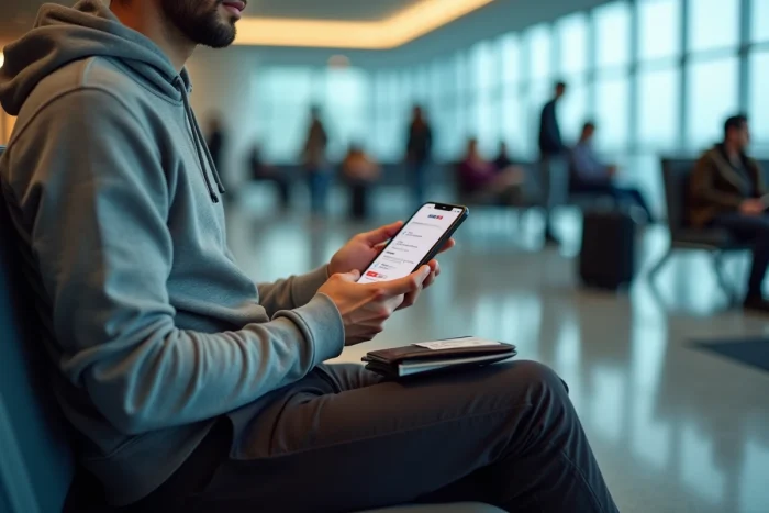 Homme consultant sa réservation Air France payée avec des chèques vacances ANCV dans un salon d'aéroport