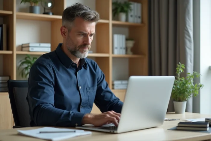 Homme consultant son compte bancaire en ligne pour identifier un prélèvement ADIS