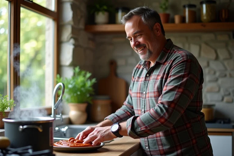 Homme en cuisine arrangeant des merguez sur une assiette