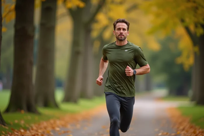 Homme faisant du jogging dans un parc en automne dans le cadre d'une routine minceur durable et naturelle