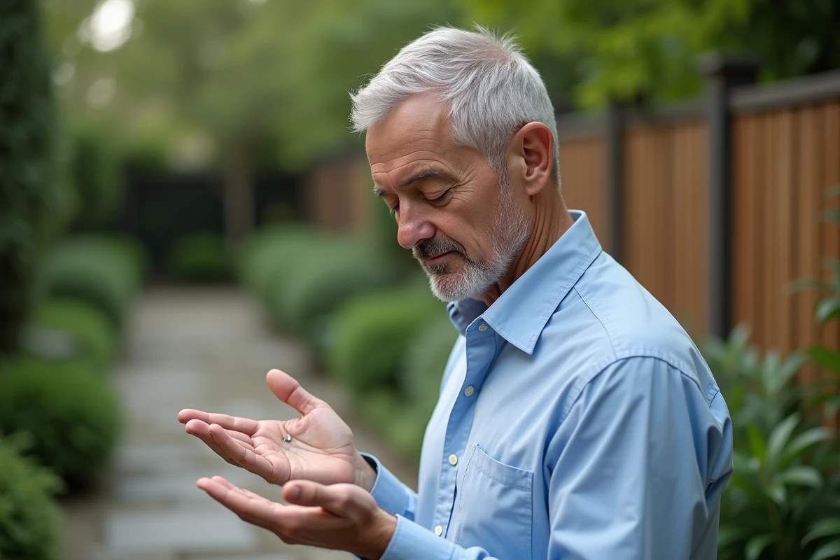 Homme dans un jardin observe sa marque sur le doigt