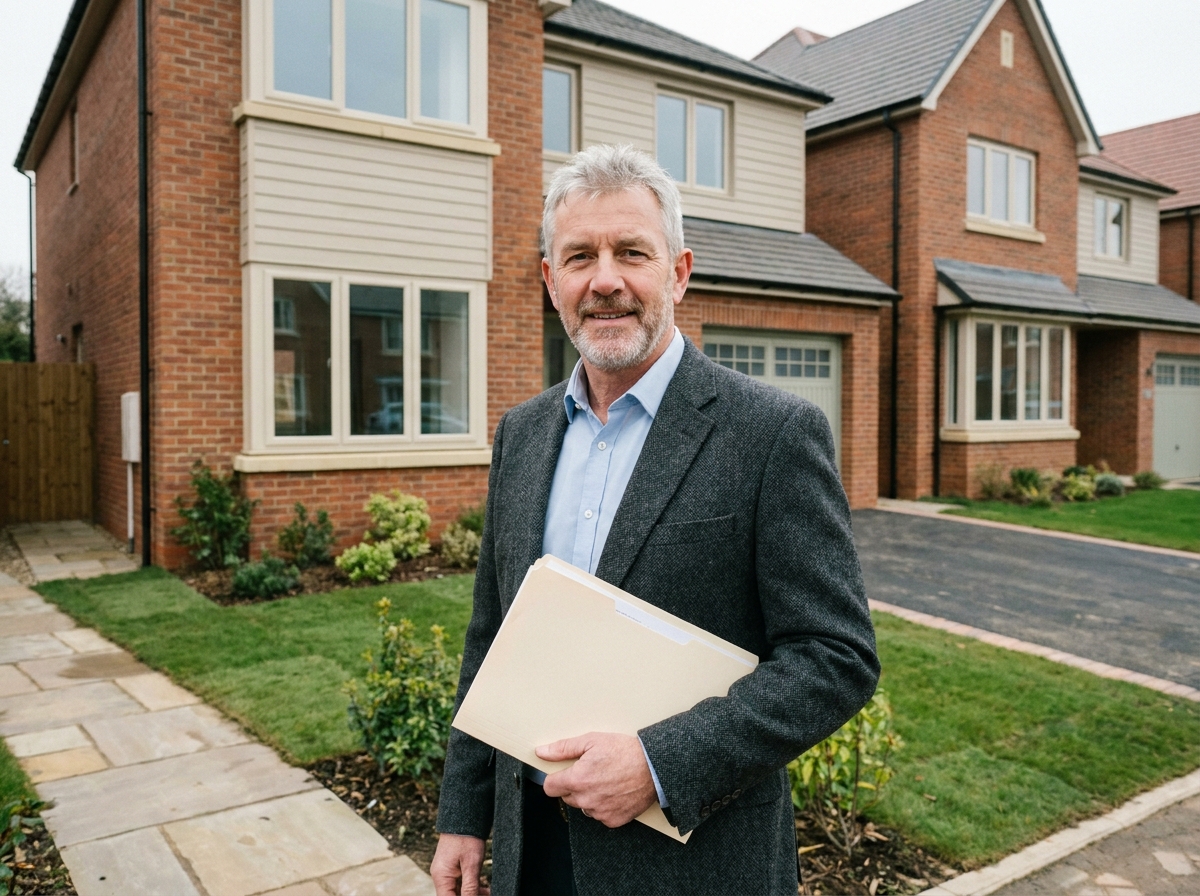 Homme d age devant maison neuve avec documents en main