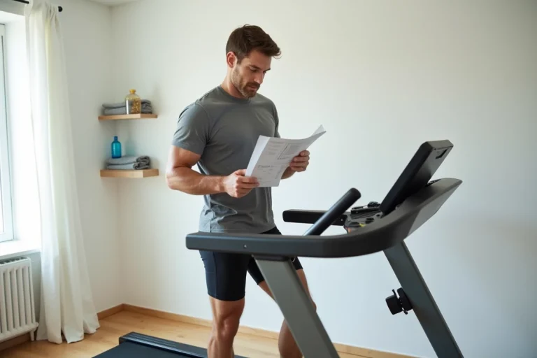 Homme lisant la notice d'un tapis de course ISE SY-1001 dans une salle de sport à domicile