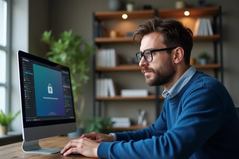 Homme en sweater bleu travaillant sur un ordinateur portable