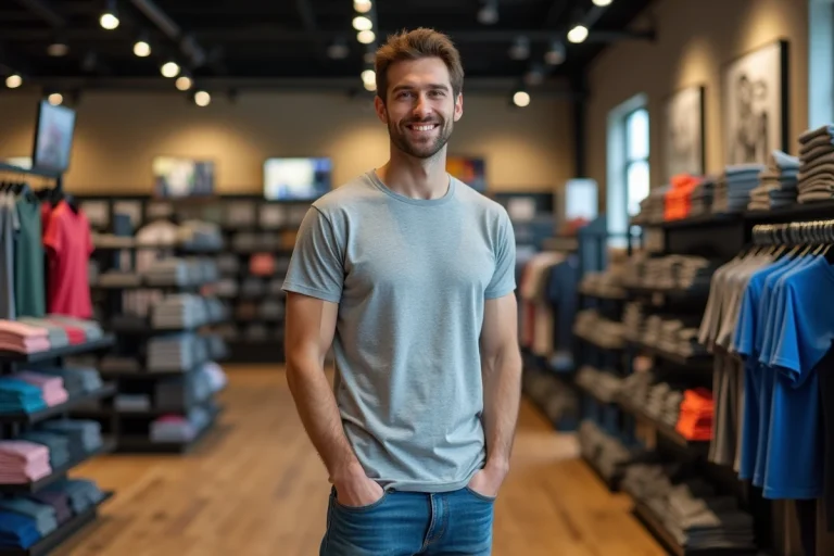 Homme portant un t-shirt correcteur de posture dans un magasin de sport