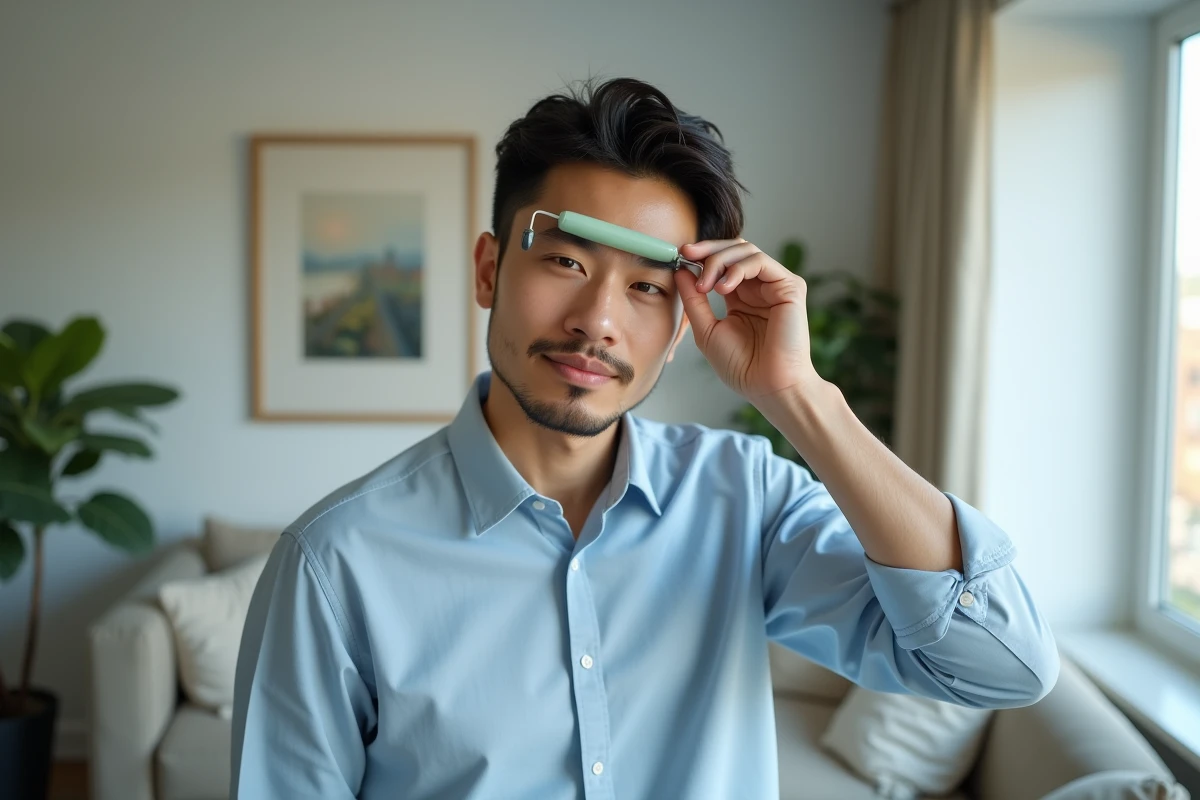 Jeune homme utilisant un rouleau de jade dans son salon