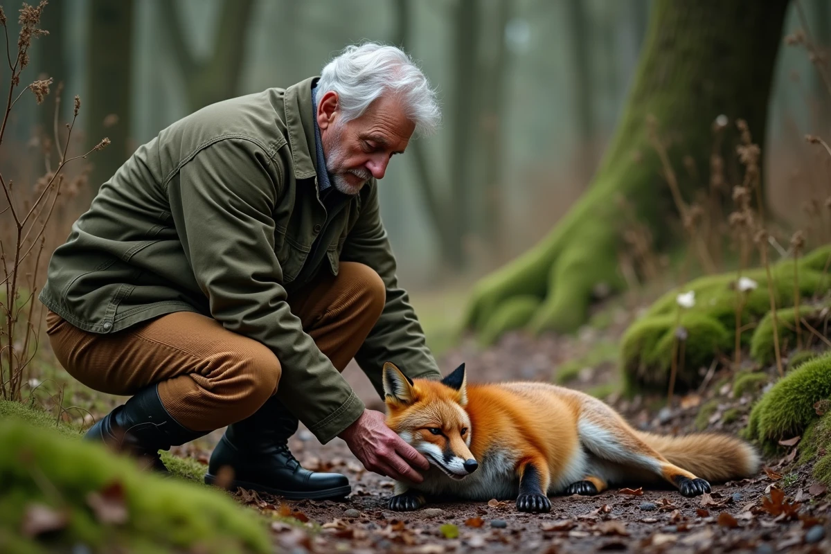 Homme soignant un renard blessé en forêt
