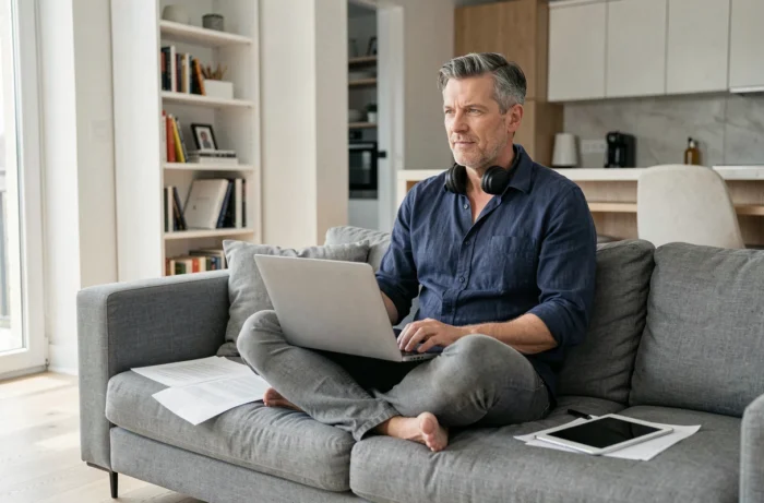 Homme en télétravail sur canapé avec ordinateur portable et casque sans fil dans un salon moderne et épuré