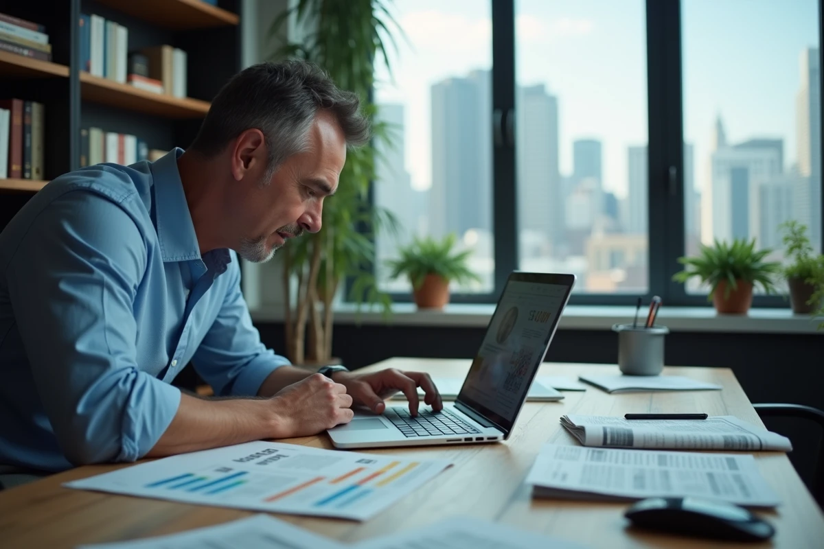 Homme d affaires suivant les nouvelles sur son ordinateur et smartphone