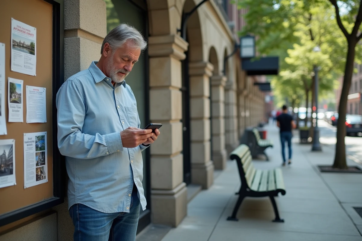 Homme en ville consulte une annonce de location d appartement