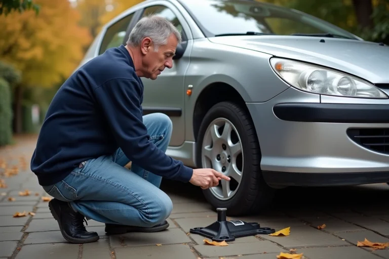 Homme en jeans pointant le point de levage Peugeot 307