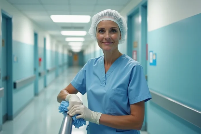 Infirmière en blouse bleue nettoyant rampe hospitalière