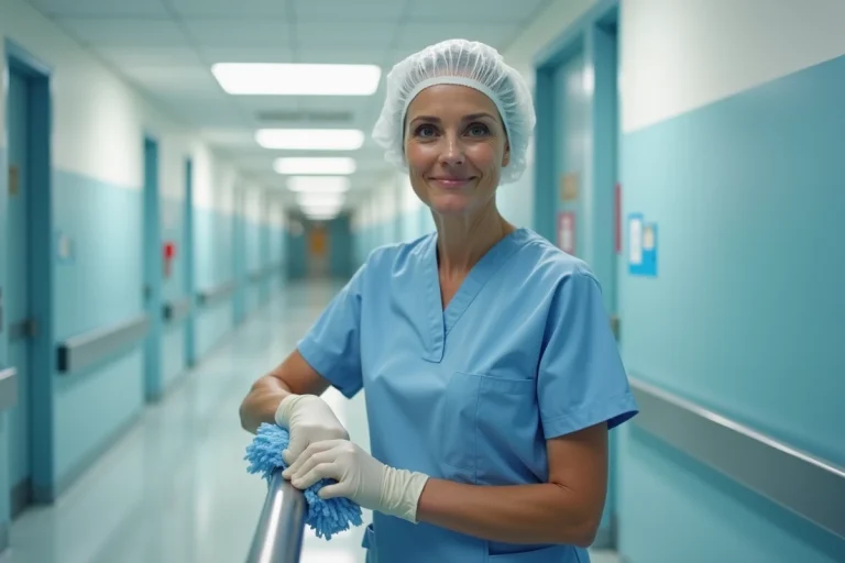 Infirmière en blouse bleue nettoyant rampe hospitalière