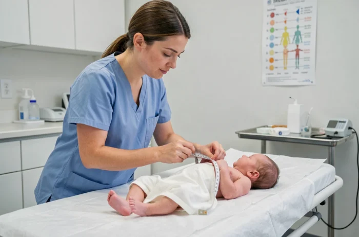 Infirmière pédiatrique mesurant un nourrisson lors d'une consultation médicale, représentant les critères de suivi définis par l'OMS