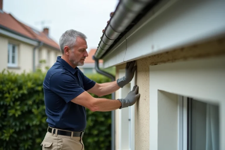 Professionnel inspectant un cache moineau en PVC blanc sur une façade de maison résidentielle