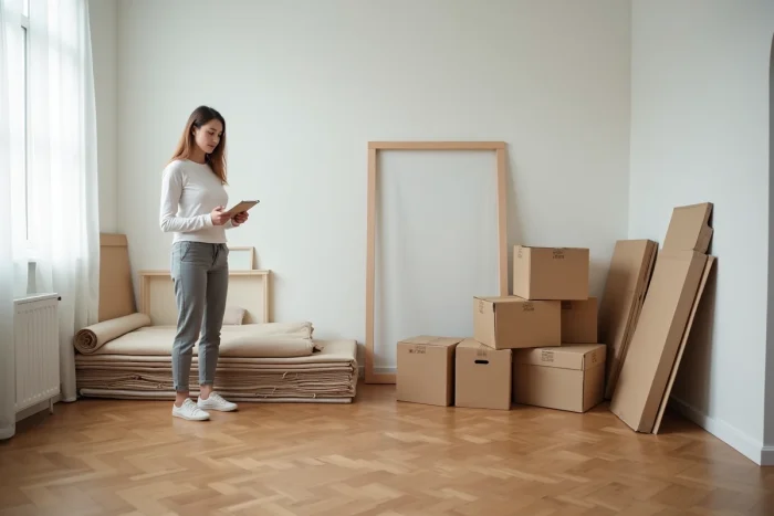 Femme faisant l'inventaire de ses affaires de déménagement dans un appartement vide avec meubles et cartons