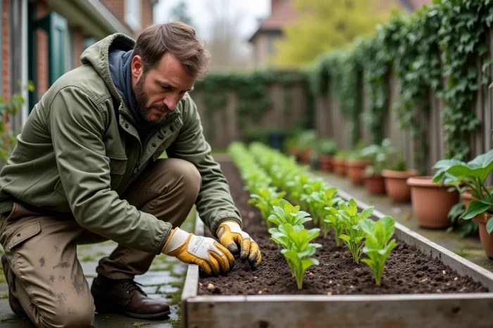 Homme jardinage en train de planter des semis dans un potager surélevé en bois dans un jardin suburban au printemps