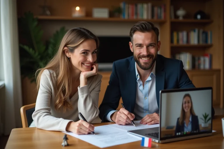 Jeune couple signant un mariage civil à la maison